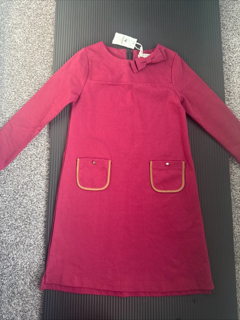 Girls Long Sleeve Bow Pocket Dress - Burgundy